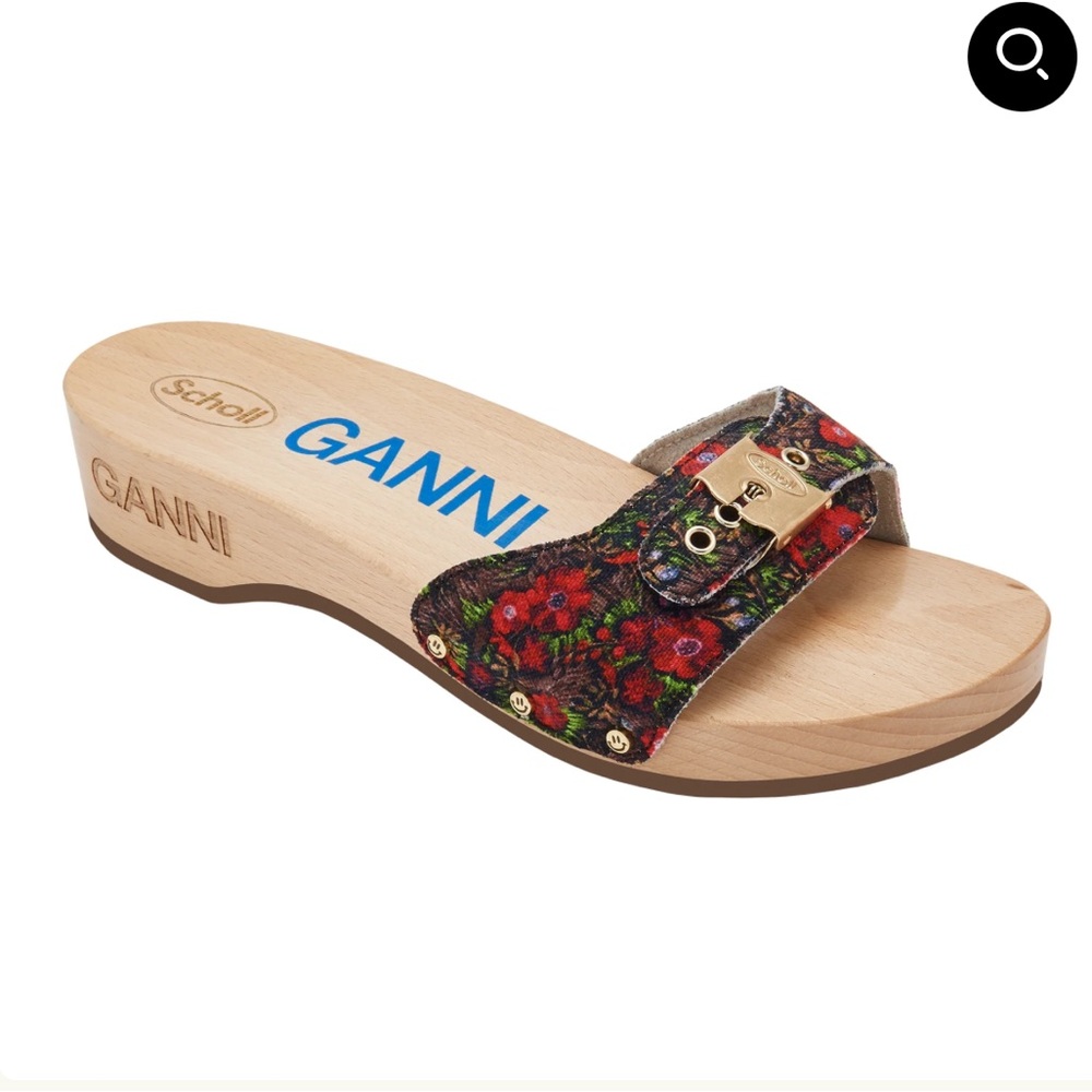 Ganni Floral Embroidered Single-Band Wooden Slide Sandal in Red and Green
